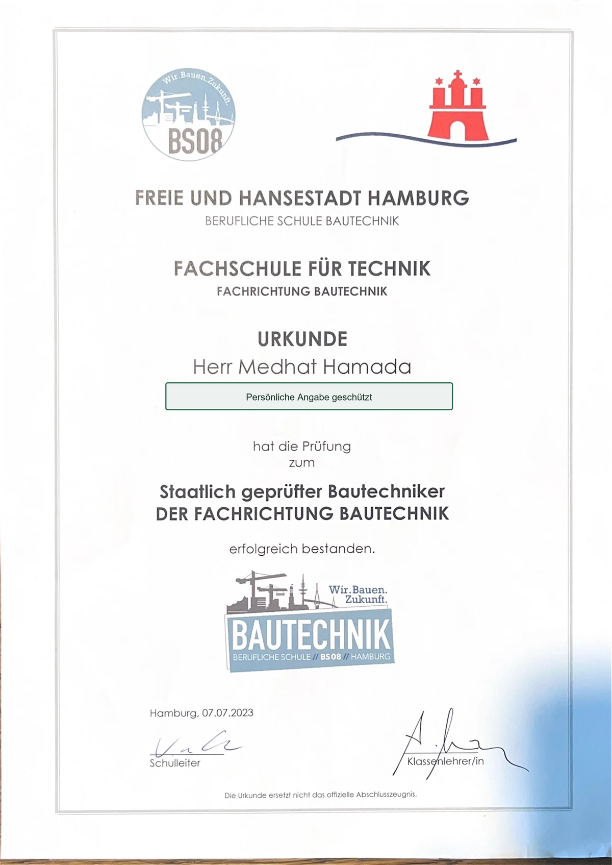 Urkunde zum staatlich geprüften Bautechniker, persönliche Angabe verdeckt